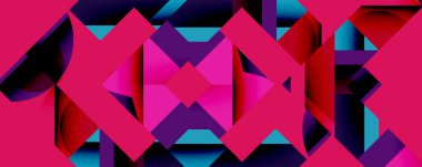 Soyut geometrik desen. Canlı pembeler, morlar, maviler dinamik kompozisyon oluşturur. Şekiller örtüşür, karmaşık görsel doku oluşturur.