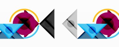 Soyut geometrik şekiller, daireler, üçgenler, canlı renkler. Minimalist tasarım, simetrik kompozisyon, modern estetik. Temiz çizgiler, düz stil..