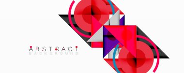 Geometrik şekiller örtüşür, canlı ve soyut bir tasarım yaratır. Kırmızı, mor, siyah baskın beyaz arkaplan. Modern estetik.