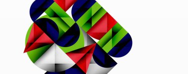 Soyut geometrik tasarım. Şekiller çakışıyor, dinamik görsel etki yaratıyor. Renkler kırmızı, yeşil, donanma, beyaz. Modern estetik.