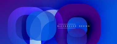Soyut geometrik şekiller örtüşür, parlak mavi mor renkler yaratır. Modern tasarım elementleri teknoloji ve yenilik öneriyor. Minimalist metin mevcut.