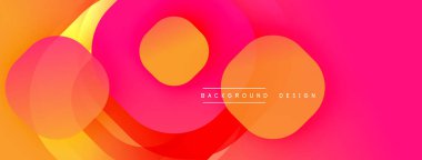 Soyut enerji çemberleri çakışıyor, dinamik eğimler yaratıyor. Pembe, turuncu, sarı renkler kompozisyona hakim. Modern tasarım ögesi.