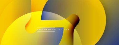 Soyut sıvı şekilleri üst üste binerek dinamik sarı ve mavi gradyanlar oluşturur. Modern tasarım elementleri hareket ve derinlik öneriyor. Metin arkaplan tasarımı okur.