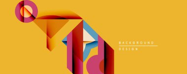 Soyut geometrik bileşim. Şekiller çakışıyor, dinamik görsel etki yaratıyor. Sıcak renkler baskın gelir, serin mavi aksanlarla tezat oluşturur. Modern tasarım ögesi.