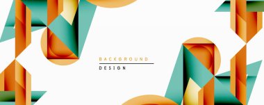 Soyut geometrik şekiller örtüşür, dinamik bileşim yaratır. Turuncu, deniz mavisi renkleri beyaz alana hükmediyor. Modern tasarım derinliği, dokuyu ve görsel ilgiyi çağrıştırıyor. Minimalist estetik.