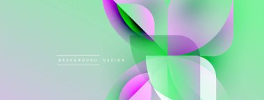 Soyut tasarım özellikleri üst üste binen şeffaf şekiller. Yumuşak yeşil, mor renkler modern görsel efekt yaratır. Mevcut en küçük metin.
