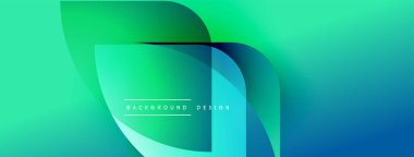 Soyut gradyan şekiller örtüşür ve dinamik görsel efekt yaratır. Teal, turkuaz, mavi renkler kompozisyona hakim. Modern tasarım ögesi.