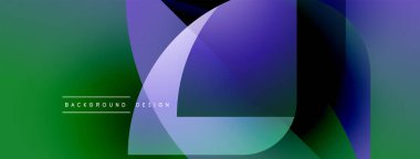 Soyut geometrik şekiller örtüşüyor, canlı renk eğimleri yaratıyor. Yeşil, mor, mavi renkler kompozisyona hakim. Modern tasarım ögesi.