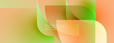 Soyut tasarım özellikleri üst üste binen şekiller, gradyanlar. Renkler turuncu, sarı, yeşil. Modern estetik, basit kompozisyon.