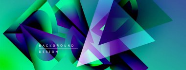 Soyut geometrik şekiller örtüşür, canlı gradyanlar yaratır. Turkuaz, mor, yeşil renkler tasarımda baskın. Modern arkaplan dokusu.