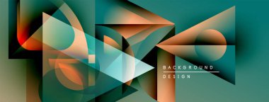 Soyut geometrik bileşim. Teal, turuncu renkler karışıyor, dinamik görsel etki yaratıyor. Modern tasarım elementleri katmanlı şekiller sunar.