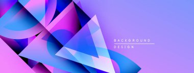 Soyut geometrik şekiller örtüşüyor, canlı mor ve mavi renkler yaratıyor. Arkaplan modern tasarım unsurları, dijital sanat tarzı öneriyor.