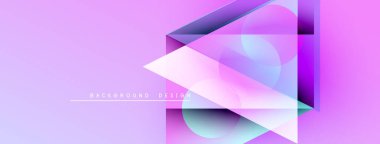 Soyut geometrik şekiller örtüşüyor, canlı mor, pembe renkler yaratıyor. Modern tasarım düz gradyanlar, dinamik kompozisyon içerir.