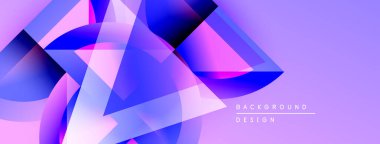 Soyut geometrik şekiller örtüşüyor, canlı mor, mavi renkler yaratıyor. Modern tasarım dijital sanat ve arkaplan ögesi öneriyor.