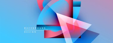 Soyut geometrik şekiller örtüşür, parlak mavi, pembe ve mor renkler yaratır. Metin arka plan tasarımını küçük yazıtipinde okur. Modern görsel kompozisyon.