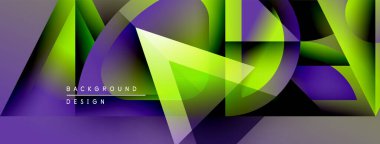 Soyut geometrik şekiller örtüşür, canlı gradyanlar yaratır. Mor, yeşil renkler tasarıma hakim, modern estetik.