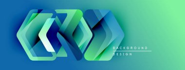 Soyut geometrik şekiller örtüşür, parlak mavi, yeşil eğimler yaratır. Modern tasarım teknoloji, yenilik, dinamik enerji öneriyor.