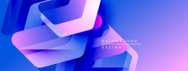 Soyut geometrik şekiller örtüşür, parlak mavi ve mor renkler yaratır. Modern tasarım elementleri dinamik hareket ve gösterişli sunum öneriyor.