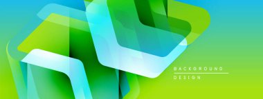 Soyut geometrik şekiller örtüşüyor, canlı yeşil, mavi renkler yaratıyor. Modern tasarım teknoloji, yenilik ve enerji öneriyor.