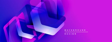 Soyut geometrik şekiller örtüşüyor, canlı mor ve mavi renkler yaratıyor. Modern tasarım teknoloji, yenilik ve enerji öneriyor.