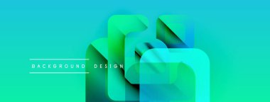 Soyut geometrik şekiller örtüşür, canlı turkuaz gradyan oluşturur. Metin arka plan tasarımı okur. Modern görsel sunum.