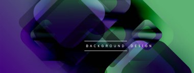 Soyut geometrik şekiller örtüşüyor, canlı mor ve yeşil renkler yaratıyor. Dijital projeler için modern tasarım ögesi.