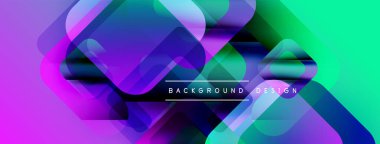 Soyut canlı tasarım, üst üste binen kareler, gradyanlar. Mor, mavi, yeşil renkler dinamik görsel efekt yaratır. Modern arkaplan.