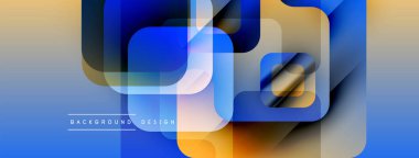 Soyut geometrik şekiller örtüşür, parlak mavi ve turuncu renkler yaratır. Modern tasarım öğeleri teknoloji, yenilik, görsel cazibe öneriyor.