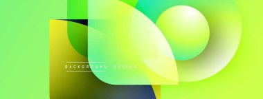 Soyut canlı tasarım özellikleri üst üste binen yuvarlak kareler, gradyanlar. Açık yeşil arka plana hükmediyor, modern estetik yaratıyor. Metin arkaplan tasarımı okur.