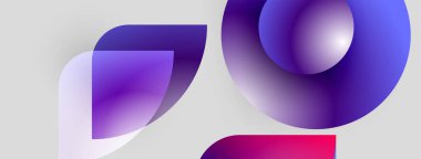 Soyut şekiller mor, mavi renkleri harmanlıyor. Gradyan renkler dinamik bileşim yaratır. Modern tasarım akıcılığı ve yeniliği çağrıştırıyor.