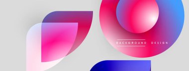 Soyut şekiller örtüşüyor, canlı gradyanlar yaratıyor. Pembe, mavi renkler nötr gri arkaplanı domine eder. Modern tasarım elementleri temiz estetik sunar.