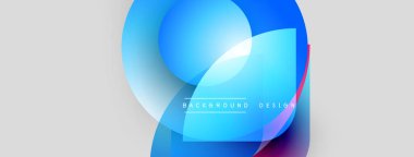 Soyut şekiller örtüşüyor, parlak mavi ve mor renkler yaratıyor. Metin, kompozisyon içerisindeki arkaplan tasarımını okur. Minimalist stil.