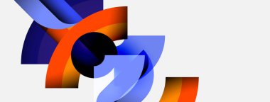 Soyut şekiller örtüşüyor, canlı renk değişimleri yaratıyor. Mavi, turuncu renkler kompozisyona hakim. Minimalist tasarım, modern estetik.