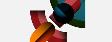 Soyut şekiller örtüşür, dinamik bileşim yaratır. Renkler arasında kırmızı, turuncu, yeşil, koyu mavi, sessiz tonlar vardır. Minimalist tasarım.