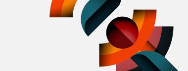 Soyut şekiller örtüşür, dinamik bileşim yaratır. Renkler arasında turuncu, kırmızı, deniz mavisi ve nötr bir zemin var. Modern tasarım elemanları.