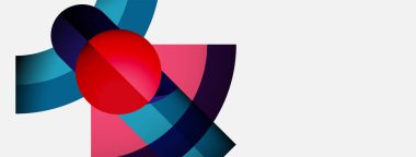 Soyut geometrik şekiller örtüşür, dinamik bileşim yaratır. Kırmızı daire baskın, maviler, pembeler, koyu tonlar. Minimalist tasarım.