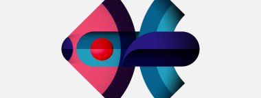 Soyut geometrik şekiller, canlı renkler, üst üste binen formlar dinamik bileşim oluşturur. Pembe, mor, deniz mavisi renkleri dizaynın hakimi..