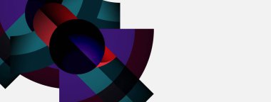 Soyut geometrik tasarım. Dairesel şekiller örtüşüyor, canlı renk kalıpları yaratıyor. Karanlık arka plan parlak elementlere zıt düşer. Minimalist kompozisyon.