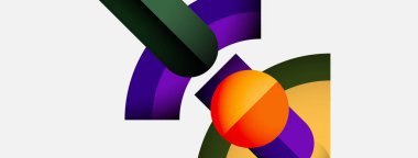 Soyut şekiller örtüşür, canlı renk kombinasyonları yaratır. Turuncu küre merkeze hükmediyor, mor ve yeşil renklerle çevrili. Modern tasarım.