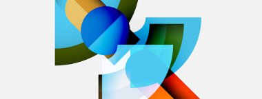 Soyut geometrik şekiller örtüşür, canlı renk karışımları yaratır. Kompozisyon mavi, yeşiller, portakallar, kırmızılar, beyaz arkaplan.