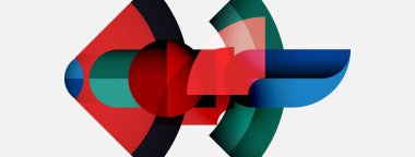 Soyut bileşim, üst üste binen geometrik şekiller içerir. Kırmızı, mavi, yeşil renkler beyaz arkaplana hükmediyor. Modern tasarım, dinamik biçimler.