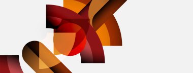 Soyut şekiller örtüşür, dinamik bileşim yaratır. Beyaz uzayla zıt, sıcak renkler baskın. Modern tasarım elemanları.