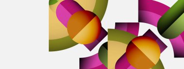 Üst üste binen daireler, dikdörtgenler içeren soyut bir kompozisyon. Renkler arasında pembe, turuncu, yeşil, sarı var. Minimalist tasarım, temiz estetik.