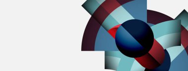 Soyut geometrik şekiller, mavi, kırmızı renkler baskın gelir. Dairesel elementli minimalist tasarım, temiz estetik. Modern kompozisyon.