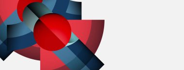 Soyut geometrik şekiller, kırmızı küre bileşimi yönetir. Mavi, gri tonlar dinamik görsel ilgi yaratır. Minimalist tasarım, temiz estetik.