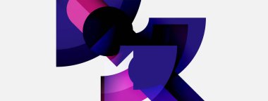 Soyut şekiller örtüşür, dinamik bileşim yaratır. Mor, pembe renkler beyaz arkaplana hakim. Modern tasarım elemanları.