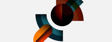 Soyut geometrik şekiller örtüşür, dinamik bileşim yaratır. Renkler arasında turuncu, deniz mavisi, kestane rengi, siyah, beyaz. Minimalist tasarım modern estetiği çağrıştırıyor.