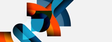 Soyut şekiller örtüşür, dinamik bileşim yaratır. Mavi, turuncu renkler beyaz arkaplana hükmediyor. Modern tasarım elemanları.