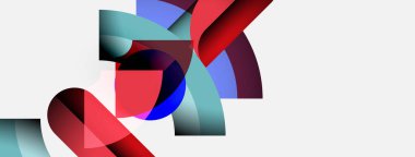 Soyut şekiller üst üste binerek canlı kırmızı, mavi ve deniz mavisi bileşimi oluşturur. Minimalist tasarım, temiz beyaz arkaplan. Modern estetik.