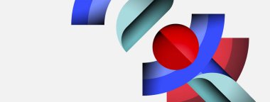 Soyut şekiller örtüşür, dinamik bileşim yaratır. Mavi, kırmızı, deniz mavisi renkleri beyaz arkaplana hükmediyor. Modern tasarım elemanları.